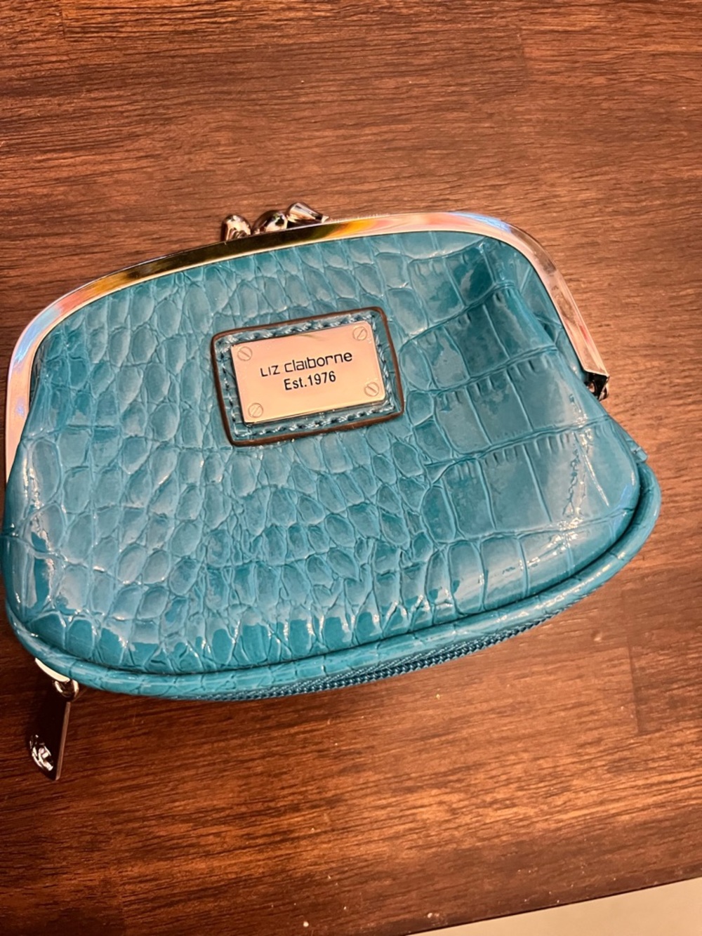 Liz Claiborne Turquoise Croc-Embossed Coin Pouch with Metal Frame